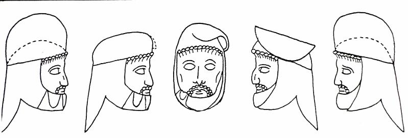 Tiara (medische Variante, Rek.)T32A1.jpg - Die verschiedartigen Abbildungen von (in Verbindung mit der medischen Reitertracht auftretenden) Filz-Kopfbedeckungen (Tiaren) lassen vermuten, dass es sich immer nur um eine einzige Mützenform handelte, die allerdings auf verschiedene Weise getragen werden konnte. Wie allerdings ein ansonsten weich herabfallender Mützenkamm aufrecht gestellt und - wohl bei Hof - zu einer tiara orthé gemacht werden konnte, bleibt geheimnisvoll.